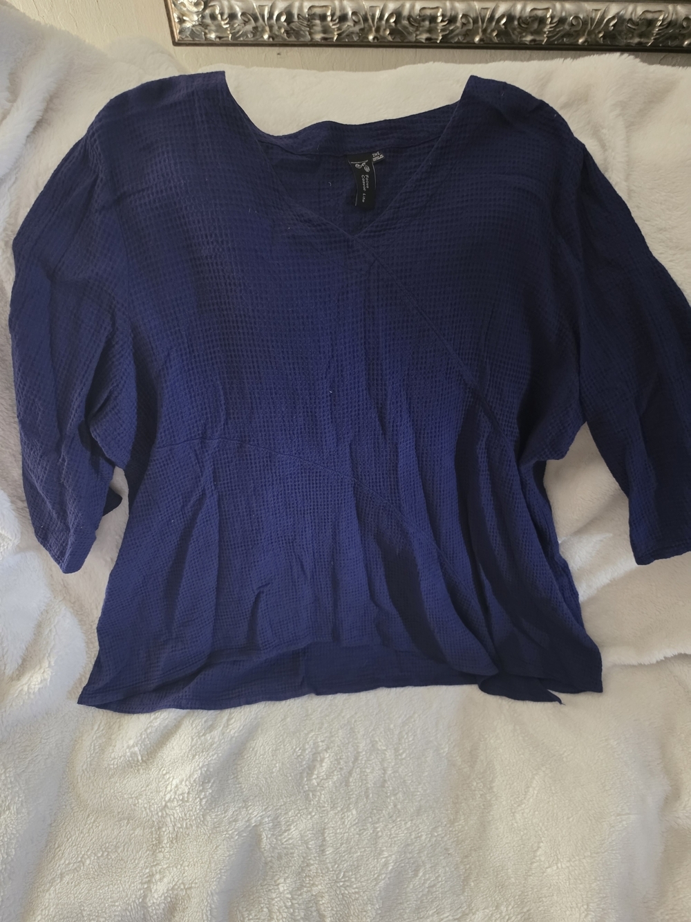 Navy Blue Textured V-Neck Blouse